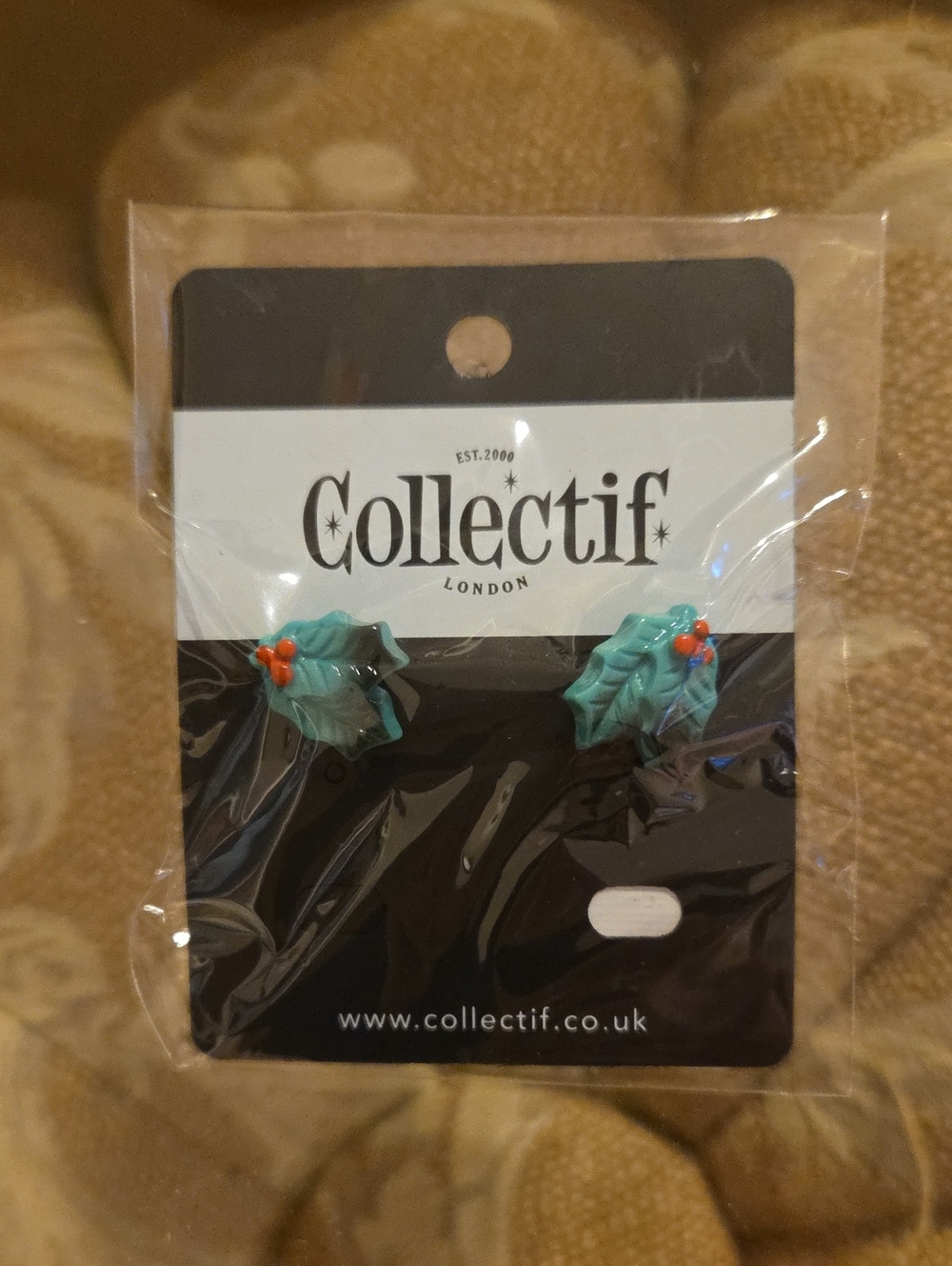 Collectif Turquoise Holly Leaf Stud Earrings with Orange Berry Accents